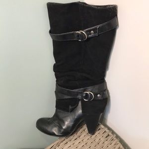 Black mid calf boots suede upper w leather straps